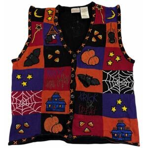 VTG Bobbie Brooks Halloween Sweater Vest Women's Large Spider Pumpkin Bat Candy
